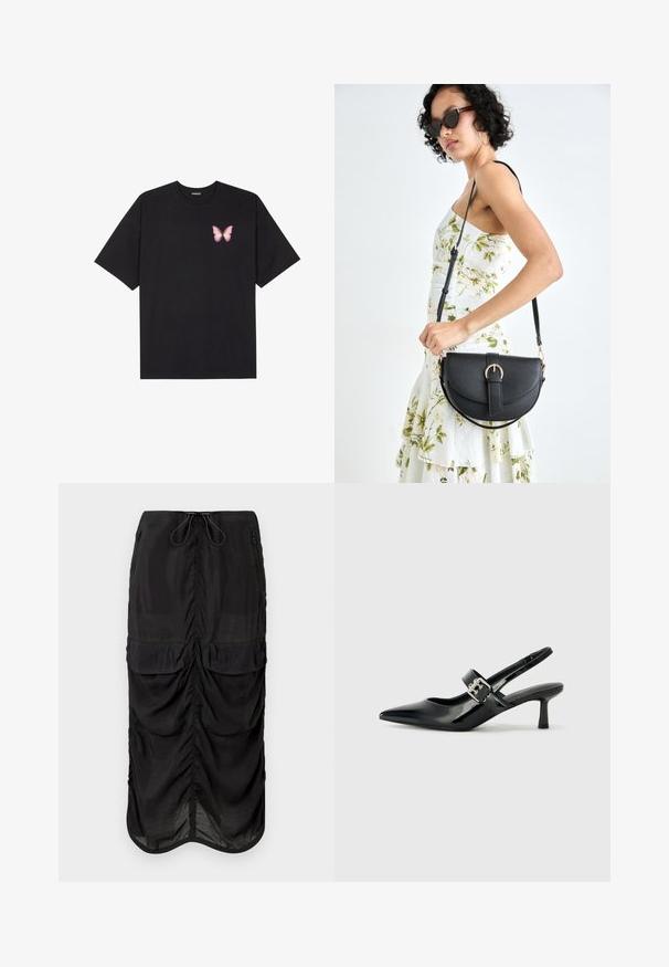 Sort bomulds T-shirt med korte ærmer, prydet med en lille pink sommerfugl grafik på venstre bryst. Rund hals design med en afslappet pasform.; Sort midiskørt lavet af letvægtsstof. Indeholder samlet detaljer, to forlommer og en justerbar talje med snore.; Sorte laker slingback hæle med spids tå og en lille blokhæl, med en sølvspændeaccent på remmen.; Sort læderhåndtaske med en buet form, aftagelig rem og guldfinish. Tasken har en klap med en spænde detalje.