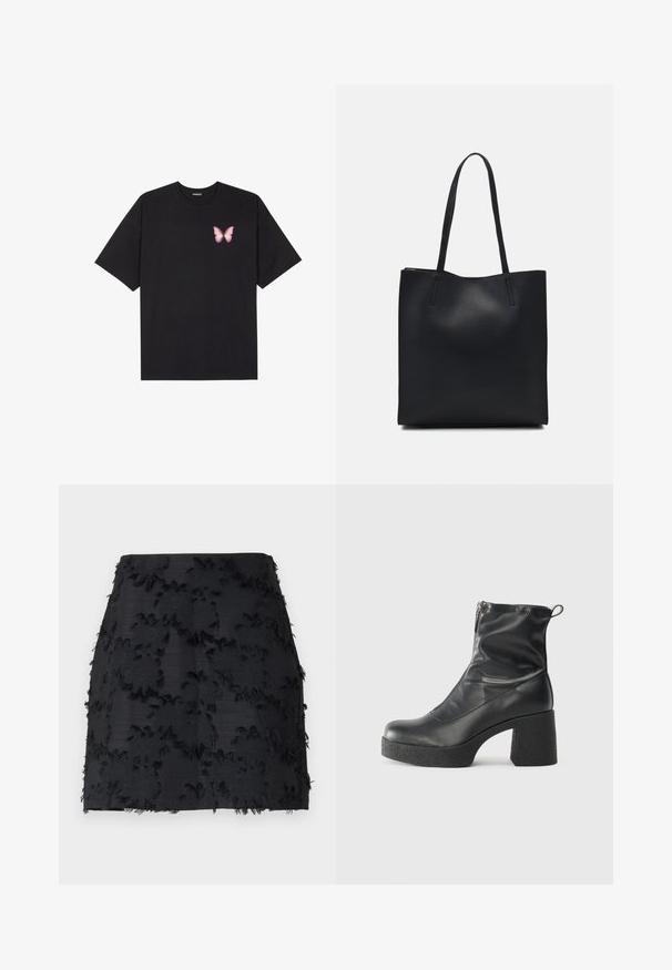 Fekete pamut póló rövid ujjakkal, bal mellkason egy kis rózsaszín pillangó grafikával. Kerek nyakú kialakítás, laza fazonnal.; Fekete szoknya texturált virágmintás hímzéssel, megfrisítve a szegélyei, és karcsú sziluettel. Simább anyagból készült, amely strukturált formájú.; Fekete bokacsizmák sima bőrből, oldalsó cipzárral, vastag, texturált sarkú és lekerekített orrú dizájnnal.; Fekete bőrtáska sima felszínnel, téglalap alakú, két hosszú füllel. Nincs látható fémkiegészítő vagy díszítés.
