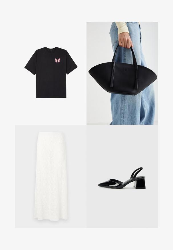 Fekete pamut póló rövid ujjakkal, bal mellkason egy kis rózsaszín pillangó grafikával. Kerek nyakú kialakítás, laza fazonnal.; Fehér csipkés maxi szoknya, texturált mintával, elasztikus derékkal és légies fazonnal. Az anyag könnyűnek és szellősnek tűnik.; Fekete lakk bőr szandálkés magas sarkú cipő, hegyes orral és geometrikus tömbsarkakkal. Karcsú, minimalista dizájn és sima textúra jellemzi.; Fekete bőr kézitáska egyedi legyezőformával, lapos füllel. A felülete kőriszerű textúrájú és minimalista dizájnnal rendelkezik.