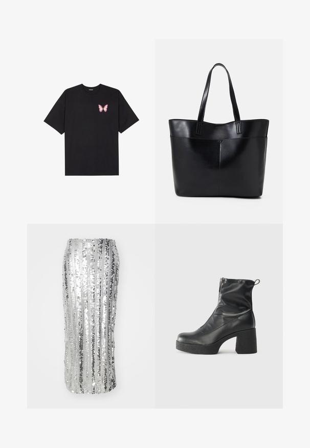 Juodas medvilnės marškinėliai trumpomis rankovėmis, su maža rožine drugelio grafika kairėje krūtinės pusėje. Apvalus kaklo iškirpimas, laisvas kirpimas.; Sidabrinė pailga sijonas su blizgučiais, turinti vertikalias juosteles, prigludusi siluetas ir lygus, spindintis paviršius. Elegantiškas dizainas, tinkantis oficialiam renginiui.; Juodos kulkšninių botai, pagaminti iš lygaus odos, su šoniniu užtrauktuku, masyviu tekstūruotu kulnu ir apvaliu pirštu.; Juoda odinė rankinė su dviem ilgais diržais, lygiu paviršiumi ir struktūrizuota forma. Yra priekinė kišenė papildomam saugojimui.