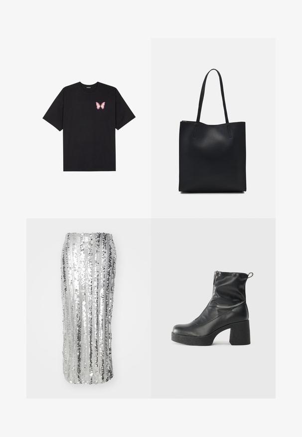 Camiseta de algodón negra de manga corta, con un pequeño gráfico de mariposa rosa en el lado izquierdo del pecho. Diseño de cuello redondo con un corte relajado.; Falda lápiz de lentejuelas plateadas con rayas verticales, un silueta ajustada y una textura suave y brillante. Diseño elegante adecuado para vestimenta formal.; Botines negros de tobillo, hechos de cuero suave, con cierre lateral, tacón grueso texturizado y diseño de punta redondeada.; Bolso tote de cuero negro con textura lisa, forma rectangular y dos asas largas. Sin herrajes ni adornos visibles.
