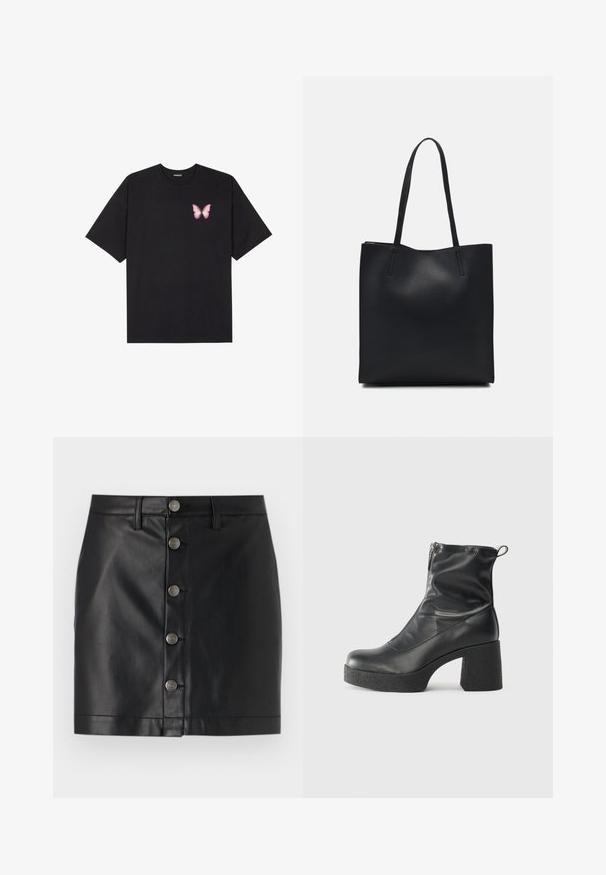 Black cotton t-shirt with short sleeves, featuring a small pink butterfly graphic on the left chest. Crew neck design with a relaxed fit.; Black leather skirt with a fitted design, featuring five silver metal buttons down the front and a straight hemline. Smooth texture.; Black ankle boots made of smooth leather, featuring a side zipper, chunky textured heel, and rounded toe design.; Black leather tote bag with smooth texture, rectangular shape, and two long handles. No visible hardware or embellishments.