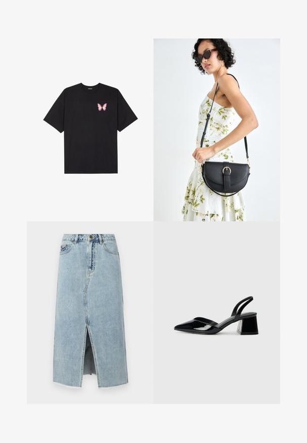 Must muströöpidega must puuvillane T-särk, vasakul rinnal on väike roosa liblikas. Ümar kaelus ja vabalt istuv lõige.; Heled sinine teksaseelik, millel on eeslõhik, kulunud äär ja viis taskut, ning nööp sulgemine vöökoha juures. K klassikaline sirge lõikega disain.; Mustad musta lakknahk kingad, millel on terav varvas ja geomeetriline plokkkonts. Omab elegantselt minimalistlikku disaini ja sujuvat tekstuuri.; Mustmust mustraha kõverate joontega, eemaldatava rihmaga ja kuldsete detailidega. Kotil on klapp, millel on pandladetail.