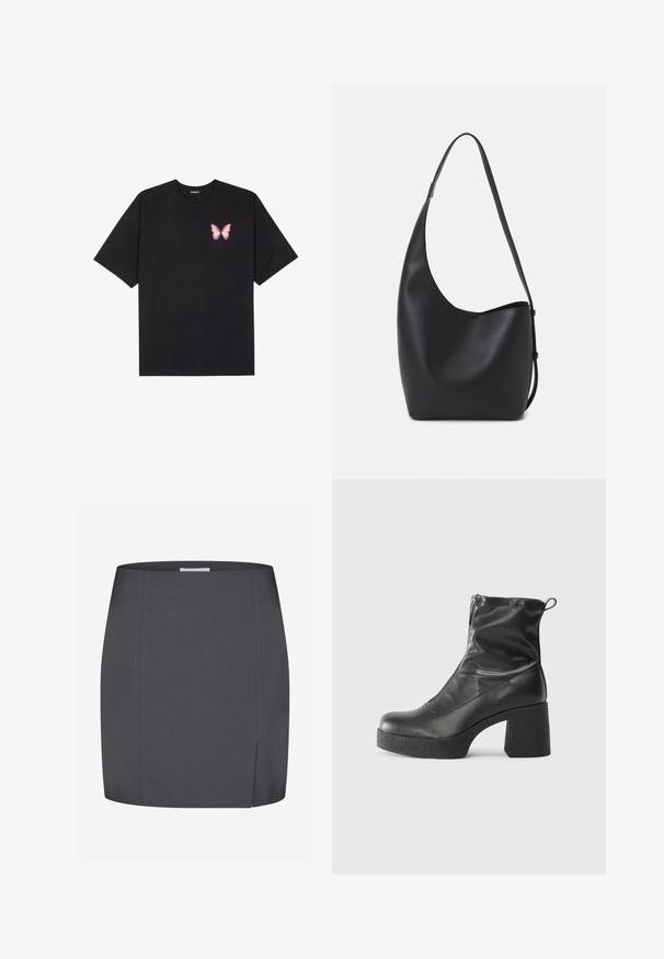 Svart bomulls T-skjorte med korte ermer, med en liten rosa sommerfugl grafikk på venstre bryst. Crew-neck design med en avslappet passform.; Envii SPLIT - Blyantskjørt - grey; Svarte ankelstøvler laget av glatt lær, med glidelås på siden, chunky strukturert hæl, og rund tå-design.; Svart lær hobo-veske med glatt tekstur, buet form og enkelt justerbart stropp; har en bred åpning på toppen.