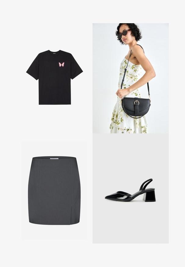 Schwarzes Baumwoll-T-Shirt mit kurzen Ärmeln, das ein kleines pinkes Schmetterlingsmotiv auf der linken Brust zeigt. Crewneck-Design mit einem entspannten Schnitt.; Envii SPLIT - Bleistiftrock - grey; Schwarze Lackleder-Slingback-High Heels mit spitzem Schuh und einem geometrischen Blockabsatz. Verfügt über ein schlankes, minimalistisches Design und eine glatte Textur.; Schwarze Lederhandtasche mit geschwungener Form, abnehmbarem Tragegurt und goldenen Beschlägen. Die Tasche verfügt über einen Deckel mit einer Schnallen-Details.