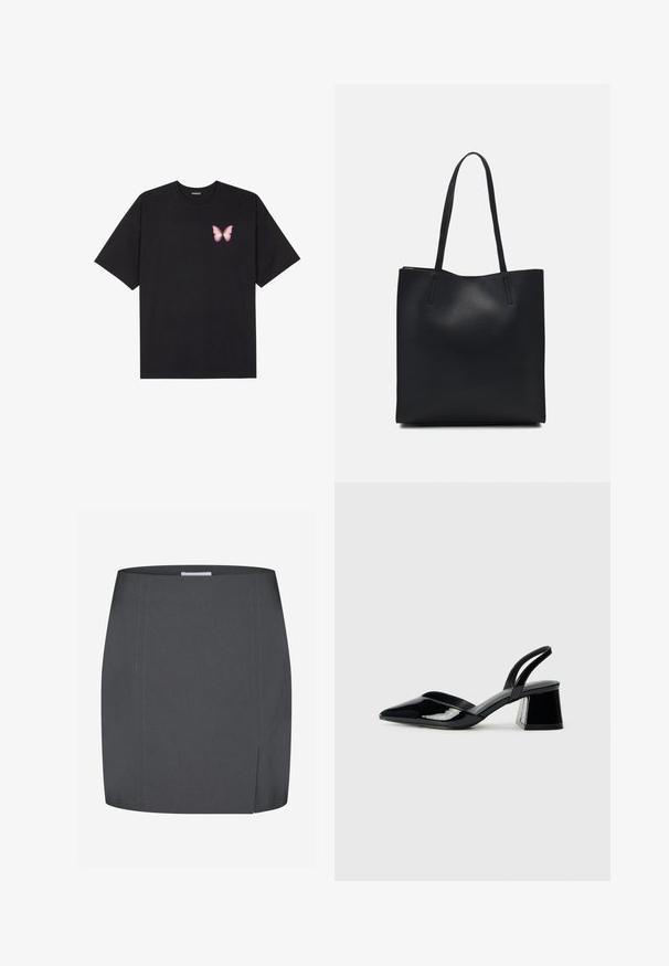 T-shirt en coton noir à manches courtes, avec un petit graphique de papillon rose sur la poitrine gauche. Modèle à col rond avec une coupe décontractée.; Envii SPLIT - Jupe crayon - grey; Escarpins en cuir verni noir avec bout pointu et talon bloc géométrique. Présente un design élégant et minimaliste ainsi qu'une texture lisse.; Sac fourre-tout en cuir noir avec une texture lisse, de forme rectangulaire et deux longues poignées. Pas de matériel ou d'ornementations visibles.
