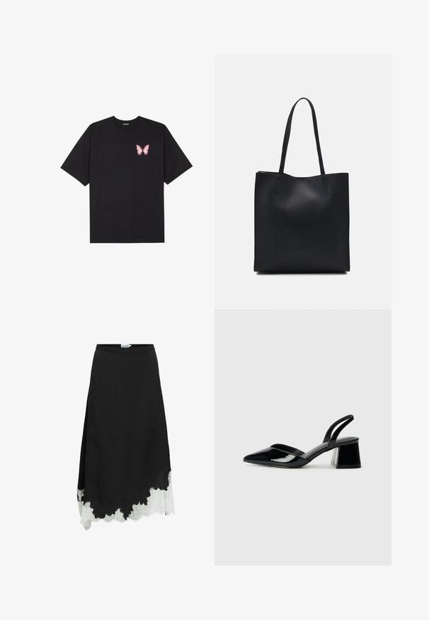 T-shirt nera in cotone con maniche corte, caratterizzata da una piccola grafica di una farfalla rosa sul lato sinistro del petto. Design a girocollo con una vestibilità rilassata.; Gonna nera midi con orlo asimmetrico e pizzo bianco che si estende al di sotto del bordo inferiore.; Décolleté in vernice nera con punta affusolata e tacco in geometria cubica. Presentano un design elegante e minimalista, con una texture liscia.; Borsa tote in pelle nera con texture liscia, forma rettangolare e due manici lunghi. Nessun hardware o decorazione visibile.