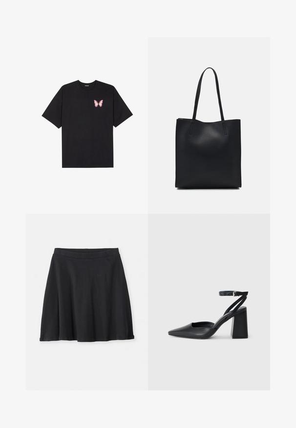 T-shirt en coton noir à manches courtes, avec un petit graphique de papillon rose sur la poitrine gauche. Modèle à col rond avec une coupe décontractée.; Jupe noire midi en forme A avec une taille ajustée, fabriquée en tissu côtelé, présentée sur un fond blanc uni.; Escarpin noir en cuir à bout pointu avec une bride de cheville et un talon épais. Texture lisse, design élégant et esthétique minimaliste.; Sac fourre-tout en cuir noir avec une texture lisse, de forme rectangulaire et deux longues poignées. Pas de matériel ou d'ornementations visibles.