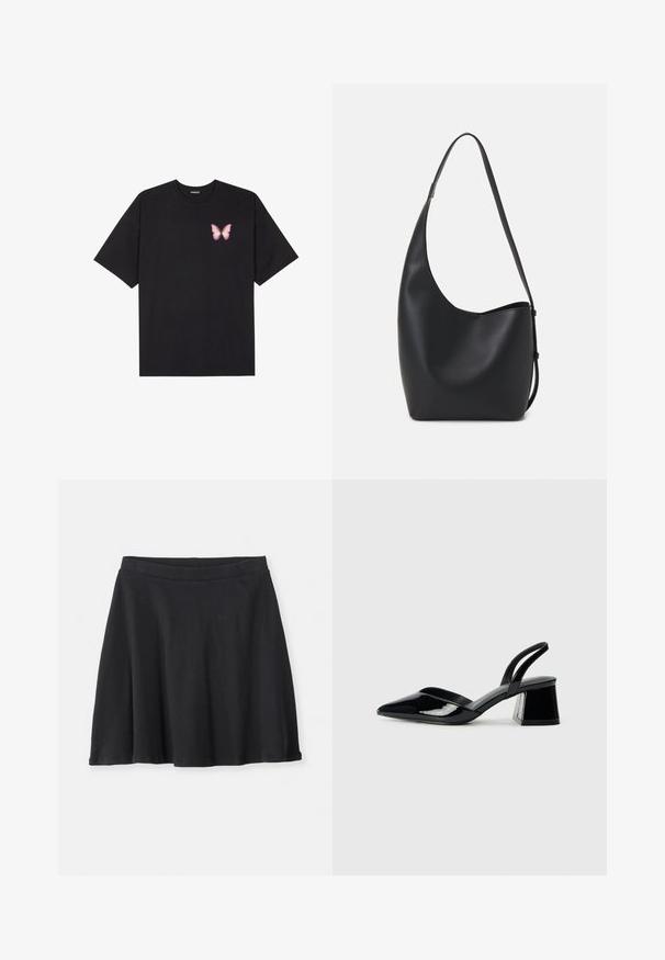 Melna kokvilnas T-krekls ar īsām piedurknēm, kuram priekšā kreisajā pusē ir neliels rozā tauriņa grafiskais attēls. Ar apaļu kaklu un brīvā stila piegriezumu.; Melnā ceļa garuma A līnijas svārki ar pieguļošu jostu, izgatavoti no ribota auduma, attēloti uz vienkārša balta fona.; Melna lakota āda ar atvērto papēdi, ar smailu purngalu un ģeometrisku blokpapēdi. Iezīmējas elegants, minimāls dizains un gluda tekstūra.; Melnas ādas hobo soma ar gludu tekstūru, izliekta forma un vienu regulējamu jostu; augšā ir plaša atvere.