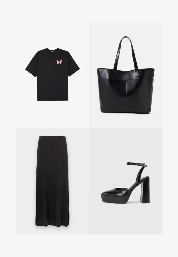 T-shirt nera in cotone con maniche corte, caratterizzata da una piccola grafica di una farfalla rosa sul lato sinistro del petto. Design a girocollo con una vestibilità rilassata.; Gonna maxi nera realizzata in tessuto morbido, con una silhouette dritta e uno spacco laterale, texture liscia e cinturino elastico.; Tacchi a piattaforma neri con punta appuntita e cinturino regolabile alla caviglia. Realizzati in pelle liscia, presentano un tacco a blocco spesso.; Borsa a tracolla in pelle nera con due manici lunghi, una texture liscia e una forma strutturata. Presenta una tasca frontale per ulteriore spazio di archiviazione.