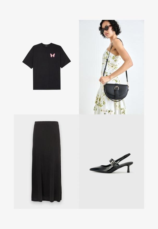 Must muströöpidega must puuvillane T-särk, vasakul rinnal on väike roosa liblikas. Ümar kaelus ja vabalt istuv lõige.; Musta maxi-seelik pehmest kangast, otse siluetiga, külje lõhiku, sileda tekstuuri ja elastse vöökohaga.; Mustad patenteeritud nahast sildiga kontsad, millel on terav nina ja väike plokk-konts, mille rihmal on hõbedane pandla aksessuaar.; Mustmust mustraha kõverate joontega, eemaldatava rihmaga ja kuldsete detailidega. Kotil on klapp, millel on pandladetail.