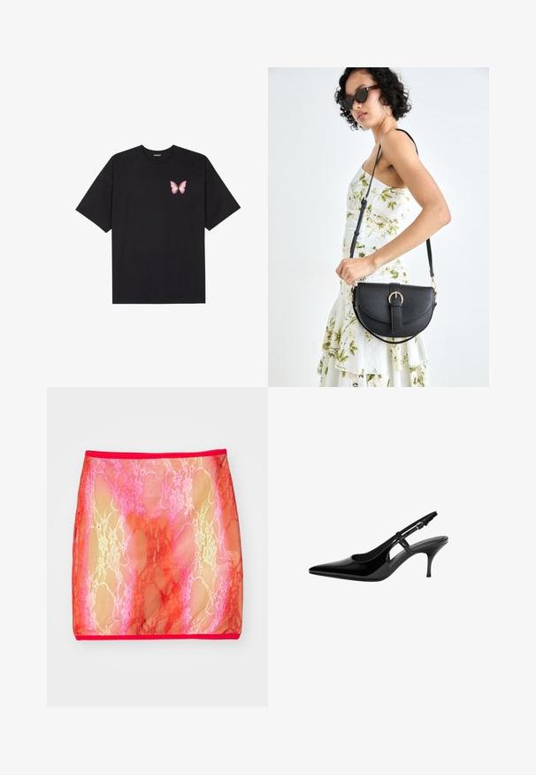 Black cotton t-shirt with short sleeves, featuring a small pink butterfly graphic on the left chest. Crew neck design with a relaxed fit.; Sheer lace mini skirt with a gradient of pinks and reds, featuring a floral pattern, finished with a solid red waistband.; Black patent leather slingback pump with pointed toe, open side cutouts, slim heel, and adjustable ankle strap.; Black leather handbag with a curved shape, detachable strap, and gold hardware. The bag features a flap with a buckle detail.
