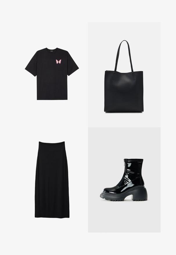 Crna pamučna majica s kratkim rukavima, s malim grafičkim prikazom ružičaste vjetricaste s desne strane na prsima. Dizajn s okruglim izrezom i opuštenim krojem.; Crna ravna midi suknja s širokim visokim pojasom, glatka tkanina, bez vidljivih uzoraka ili ukrasa.; Sjajna crna platforma čizma do gležnja s zaobljenim vrhom, debelim potplatom, zatvaranjem na zip i debelim rebrastim potplatom na bijeloj pozadini.; Crna kožna torba za nošenje s glatkom teksturom, pravokutnim oblikom i dvije duge ručke. Nema vidljivih metalnih dijelova ili ukrasa.