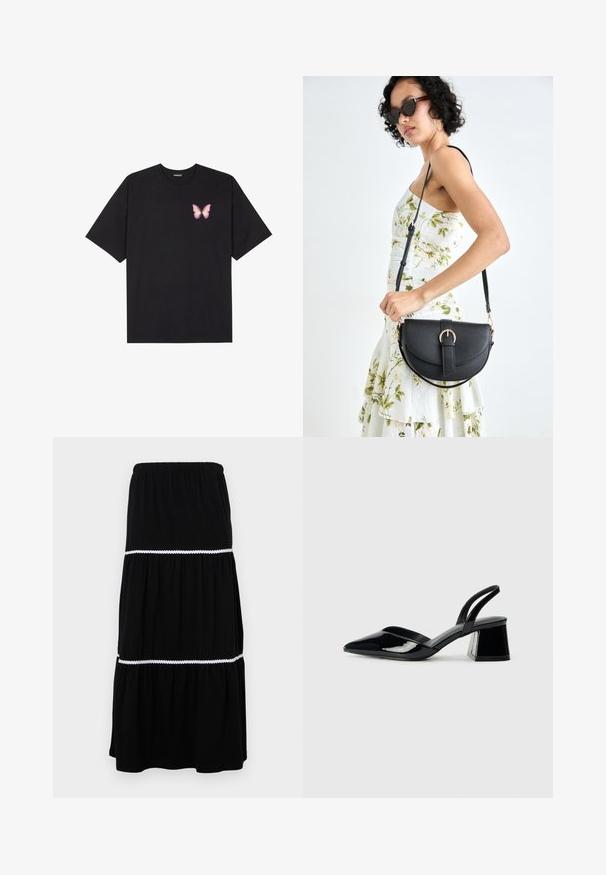 Crna pamučna majica s kratkim rukavima, s malim grafičkim prikazom ružičaste vjetricaste s desne strane na prsima. Dizajn s okruglim izrezom i opuštenim krojem.; Crna višeslojna maksi suknja napravljena od mekog materijala; s elastičnom gumom u struku i bijelim valovitim detaljima između slojeva za dodatni efekt.; Crne lakirane kožne sandale s otvorenom petom i špicastim vrhom, s geometrijskom blok petom. Imaju elegantan, minimalistički dizajn i glatku teksturu.; Crna kožna torba s lukovitim oblikom, odvojivim remenom i zlatnim detaljima. Torba ima preklop s kopčom.
