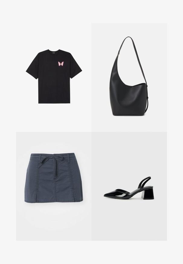 Fekete pamut póló rövid ujjakkal, bal mellkason egy kis rózsaszín pillangó grafikával. Kerek nyakú kialakítás, laza fazonnal.; Tengerészeti denevér farmer mini szoknya megkötős derékkal, varrási részletekkel és oldalsó zsebekkel. Az anyag sima tapintású.; Fekete lakk bőr szandálkés magas sarkú cipő, hegyes orral és geometrikus tömbsarkakkal. Karcsú, minimalista dizájn és sima textúra jellemzi.; Fekete bőr hobo táska sima textúrával, ívelt formával és egyetlen állítható pánttal; széles nyílás található a tetején.