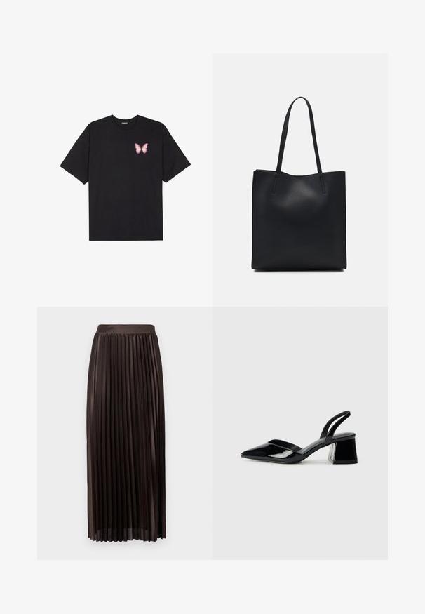 T-shirt de algodão preto com mangas curtas, apresentando um pequeno gráfico de borboleta rosa no lado esquerdo do peito. Design de gola redonda com um corte solto.; Saia midi plissada em tecido castanho escuro, com uma cintura lisa, comprimento até ao chão, e pregas verticais para uma textura adicional.; Sandy em verniz preto com salto slingback, ponta afilada e salto geométrico. Apresenta um design elegante e minimalista com textura suave.; Bolsa tote preta em couro com textura lisa, forma retangular e duas alças longas. Sem hardware ou enfeites visíveis.