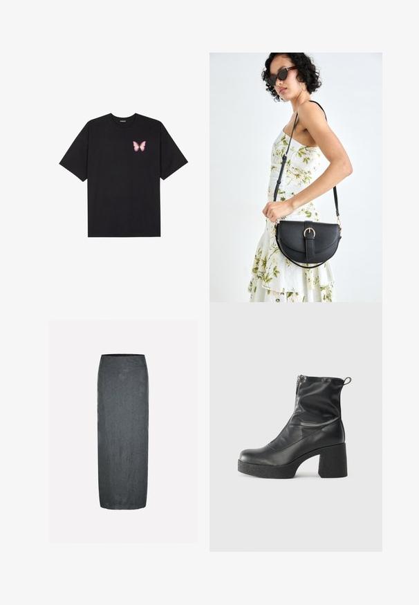 Must muströöpidega must puuvillane T-särk, vasakul rinnal on väike roosa liblikas. Ümar kaelus ja vabalt istuv lõige.; Tumehall midi-seelik sujuva tekstuuri ja lilledega reljeefse mustriga. Omab istuvat, kõrget vööd ja lihtsat, elegantset siluetti.; Mustad mustad ansapüksid, mis on valmistatud siledast nahast, külje zipperiga, paksu tekstuuriga kontsaga ja ümmarguse nina disainiga.; Mustmust mustraha kõverate joontega, eemaldatava rihmaga ja kuldsete detailidega. Kotil on klapp, millel on pandladetail.