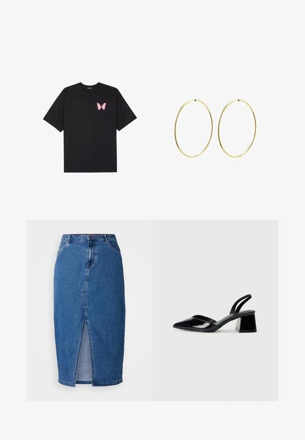 Melna kokvilnas T-krekls ar īsām piedurknēm, kuram priekšā kreisajā pusē ir neliels rozā tauriņa grafiskais attēls. Ar apaļu kaklu un brīvā stila piegriezumu.; Vidēji zilas džinsu svārki ar priekšējo izgriezumu, augstu jostasvietu, piecām kabatām un jostas cilpām. Audumam ir teksturēta virsma.; Melna lakota āda ar atvērto papēdi, ar smailu purngalu un ģeometrisku blokpapēdi. Iezīmējas elegants, minimāls dizains un gluda tekstūra.; Zelta riņķa auskari ar gludu, noapaļu dizainu. Plāni un viegli, ar nepārtrauktu cilpu bez jebkādām rotājumām.
