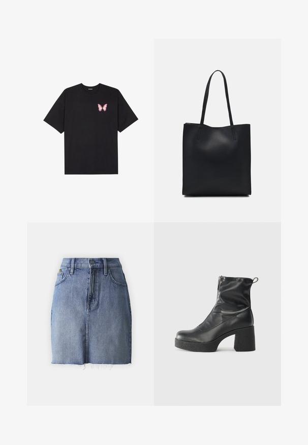 Černé bavlněné tričko s krátkým rukávem, na levém prsou s malou grafikou růžové motýlky. Design s kruhovým výstřihem a volným střihem.; Džínová mini sukně ve vybledlé modré barvě s raglánovým lemem, pět kapes a tradiční zapínání na knoflík. Bavlněná tkanina s mírnou strukturou.; Černé kotníkové boty vyrobené z hladké kůže, s bočním zipem, robustním strukturovaným podpatkem a kulatou špičkou.; Černá kožená taška přes rameno s hladkým povrchem, obdélníkovým tvarem a dvěma dlouhými uchy. Žádné viditelné kování ani ozdoby.