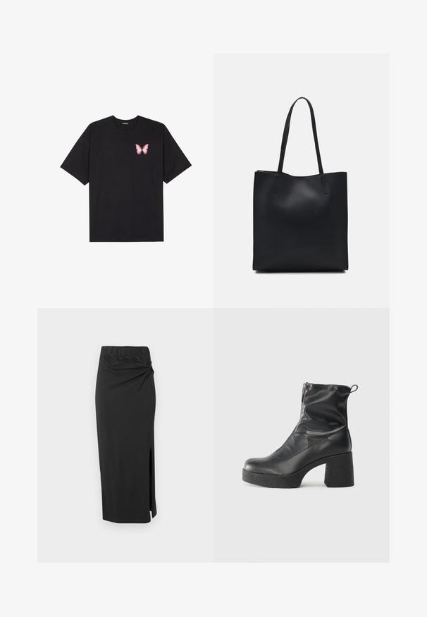 Črna bombažna majica s kratkimi rokavi, ki ima majhen roza metuljček na levi strani prsnega dela. Majica s krožnim ovratnikom in sproščenim krojem.; Črna, srednje dolga krila iz mehke tkanine. Ima elastičen pas, zasukan detajl na boku in stranski razporek. Splošna gladka tekstura.; Črne gležnjarje iz gladke kože z božnim zadrgo, masivnim teksturiranim peto in zaobljeno obliko prstov.; Črna usnjena torba s svilnato teksturo, pravokotne oblike in dvema dolgima ročajema. Brez vidnih metalnih delov ali okrasnih elementov.