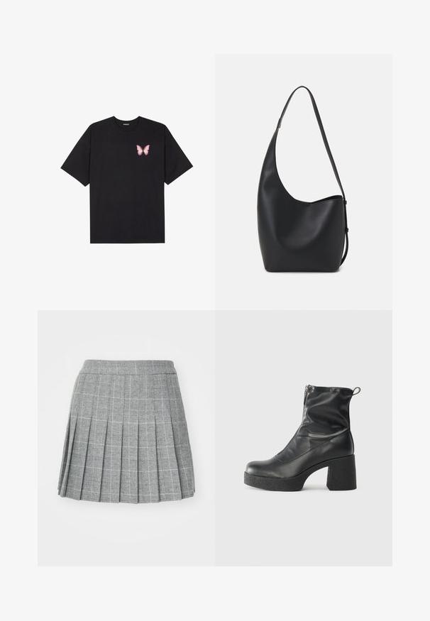 Black cotton t-shirt with short sleeves, featuring a small pink butterfly graphic on the left chest. Crew neck design with a relaxed fit.; Grey plaid pleated skirt with a structured waistband, featuring a checkered pattern in dark and light hues. Smooth texture, knee-length design.; Black ankle boots made of smooth leather, featuring a side zipper, chunky textured heel, and rounded toe design.; Black leather hobo bag with a smooth texture, curved shape, and single adjustable strap; features a wide opening at the top.