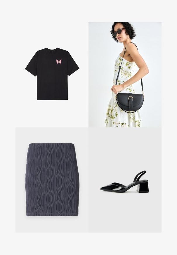 Svart bomulls T-skjorte med korte ermer, med en liten rosa sommerfugl grafikk på venstre bryst. Crew-neck design med en avslappet passform.; Mørk grå tettsittende miniskjørt med en teksturert, bølgelignende mønster og en glatt overflate. Designet med en enkel, rett kant.; Svarte patentlær slingback hæler med spiss tå og geometrisk blokk hæl. Har et stilrent, minimalistisk design og jevn tekstur.; Svart lærveske med en buet form, avtagbar stropp og gullbeslag. Vesken har et klaff med spenne-detall.
