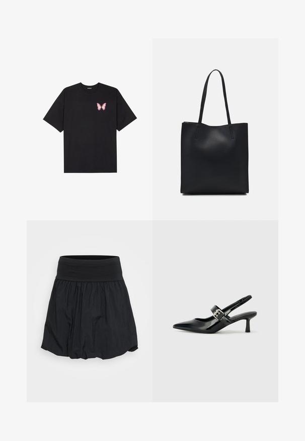 Camiseta de algodón negra de manga corta, con un pequeño gráfico de mariposa rosa en el lado izquierdo del pecho. Diseño de cuello redondo con un corte relajado.; La falda negra presenta una ancha cinturilla elástica y un diseño de tejido ligero y fruncido, creando una forma fluida con una textura sutil.; Zapatos de tacón en charol negro con tira al tobillo, punta afilada y un pequeño tacón bloque, que cuentan con un acento de hebilla plateada en la correa.; Bolso tote de cuero negro con textura lisa, forma rectangular y dos asas largas. Sin herrajes ni adornos visibles.