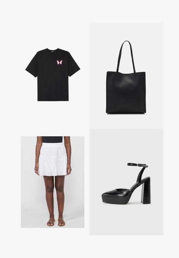 Zwarte katoenen t-shirt met korte mouwen, voorzien van een kleine roze vlinder graphic op de linkerkant van de borst. Crew neck ontwerp met een relaxte fit.; Witte, gelaagde minirok met gaatjesborduurwerk en een smocktailie. Draagt bij platte, gespsandalen.; Zwarte plateauhakken met een puntige neus en verstelbare enkelband. Gemaakt van soepel leer, met een robuuste blokhak.; Zwarte leren handtas met een gladde textuur, rechthoekige vorm en twee lange handvaten. Geen zichtbare hardware of versieringen.