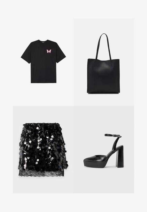 Camiseta de algodón negra de manga corta, con un pequeño gráfico de mariposa rosa en el lado izquierdo del pecho. Diseño de cuello redondo con un corte relajado.; Falda mini negra con grandes lentejuelas brillantes superpuestas sobre un delicado encaje negro en el dobladillo, dispuesta en plano sobre un fondo blanco.; Zapatos de tacón negro con punta afilada y correa ajustable en el tobillo. Confeccionados en cuero suave, presentan un tacón grueso.; Bolso tote de cuero negro con textura lisa, forma rectangular y dos asas largas. Sin herrajes ni adornos visibles.