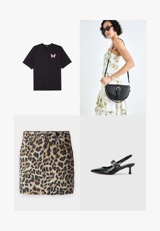 Juodas medvilnės marškinėliai trumpomis rankovėmis, su maža rožine drugelio grafika kairėje krūtinės pusėje. Apvalus kaklo iškirpimas, laisvas kirpimas.; Džinsinė mini sijonas su leopardų raštu rudos ir juodos spalvos atspalviais, aukštu juosmeniu ir penkių kišenių dizainu. Sidabro spalvos detalės.; Juodai lakuoti slingback aukštakulniai su smailiu kojų pirštu ir mažais blokiniais kulniukais, su sidabro sagtimi ant dirželio.; Juodas odinis krepšys su išlenkta forma, nuimamu dirželiu ir auksiniais detalėmis. Krepšys turi kilpą su sagtimi.