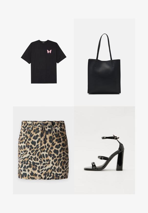 Melna kokvilnas T-krekls ar īsām piedurknēm, kuram priekšā kreisajā pusē ir neliels rozā tauriņa grafiskais attēls. Ar apaļu kaklu un brīvā stila piegriezumu.; Denims mini svārki ar leopardu rakstu brūnos un melnos toņos, ar augstu jostu un piecu kabatu dizainu. Sudraba aksesuāri.; Melnas lakotas augstpapēžu čības ar kvadrāta purngalu, potīšu siksniņām un sudraba sprādzēm. Aprīkotas ar masīvu bloku papēdi stabilitātei.; Melnas ādas somiņa ar gludu tekstūru, taisnstūra formu un divām garām rokturiem. Nav redzamu aparatūras vai rotājumu.