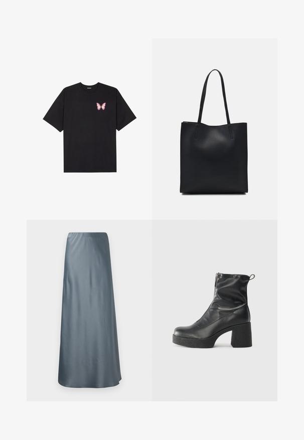 T-shirt de algodão preto com mangas curtas, apresentando um pequeno gráfico de borboleta rosa no lado esquerdo do peito. Design de gola redonda com um corte solto.; Saia maxi em cetim numa cor azul-cinza suave, apresentando uma textura lisa e uma cintura dobrada, caindo reta até ao chão.; Botas de tornozelo pretas feitas de couro liso, com fecho lateral, salto grosso texturizado e design de bico arredondado.; Bolsa tote preta em couro com textura lisa, forma retangular e duas alças longas. Sem hardware ou enfeites visíveis.