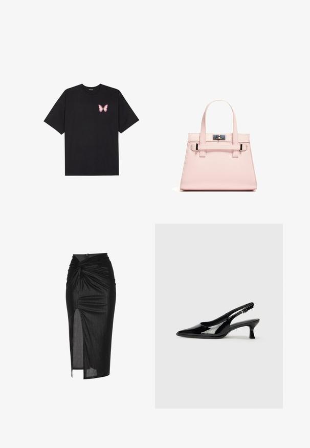 Črna bombažna majica s kratkimi rokavi, ki ima majhen roza metuljček na levi strani prsnega dela. Majica s krožnim ovratnikom in sproščenim krojem.; Črna midi krilo iz raztegljive tkanine, z zasukanim sprednjim dizajnom, stranskim razporkom in zadrgo na hrbtni strani.; Črne lakirane slingback čevlje s koničastim nosom in nizko blok peto. Nastavljiv trak s sponko okrog gležnja.; Roza strukturirana torba iz teksturirane kože, ki ima dva zgornja ročaja, zapiralo na sponko in kontrastne kovinske detajle.