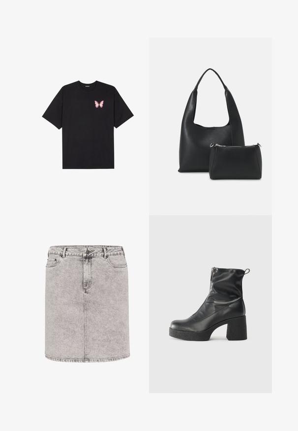 Must muströöpidega must puuvillane T-särk, vasakul rinnal on väike roosa liblikas. Ümar kaelus ja vabalt istuv lõige.; Heledad denimpüksi heledas hallis, millel on pliiatsi kuju, esikottide ja nähtavaid õmblusdetailidega. Materjalil on veidi tekstureeritud viimistlus.; Mustad mustad ansapüksid, mis on valmistatud siledast nahast, külje zipperiga, paksu tekstuuriga kontsaga ja ümmarguse nina disainiga.; Even&Odd Käekott - black