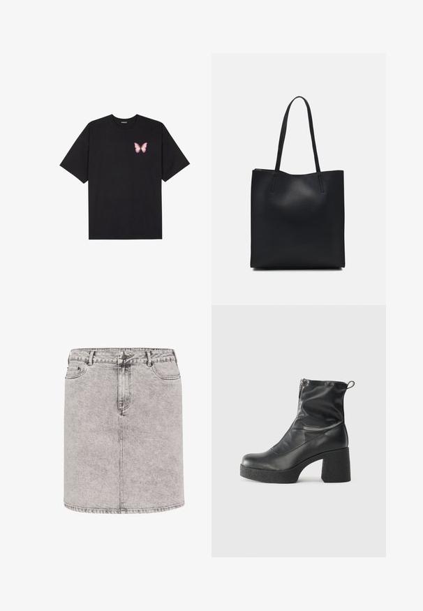 T-shirt nera in cotone con maniche corte, caratterizzata da una piccola grafica di una farfalla rosa sul lato sinistro del petto. Design a girocollo con una vestibilità rilassata.; Gonna in denim grigio chiaro, con forma a matita, tasche frontali e dettagli di cucitura visibili. Il materiale presenta una finitura leggermente testurizzata.; Stivali neri alla caviglia in pelle liscia, con zip laterale, tacco spesso e texture, e punta arrotondata.; Borsa tote in pelle nera con texture liscia, forma rettangolare e due manici lunghi. Nessun hardware o decorazione visibile.