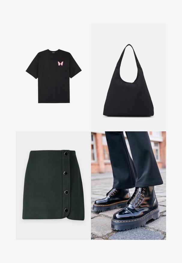 Melna kokvilnas T-krekls ar īsām piedurknēm, kuram priekšā kreisajā pusē ir neliels rozā tauriņa grafiskais attēls. Ar apaļu kaklu un brīvā stila piegriezumu.; Tumši zaļš vilnas maisījuma apvalks ar sānu pogu aizdari, kas aprīkots ar piecām metalizētām pogām un gludu tekstūru.; Melni laku ādas potītes zābaki ar biezām gumijas zolēm, sānu rāvējslēdzēju, zelta acu piederumiem un kontrastējošu dzeltenu izšuvumu.; Melnas auduma soma ar vienu, platu plecu siksnu. Mīksta, pusstrukturēta forma un gluda tekstūra; minimāls dizains, bez redzamiem piederumiem.