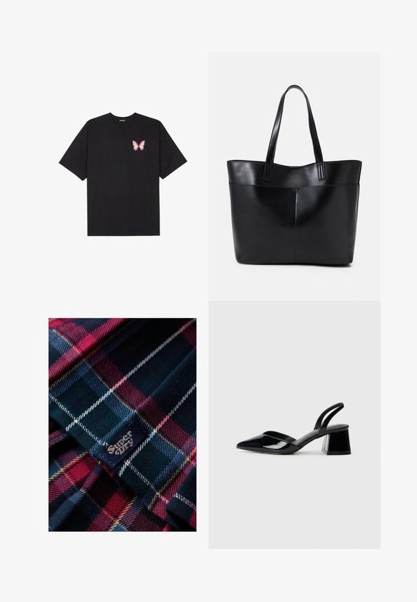 Czarny bawełniany t-shirt z krótkim rękawem, z małym różowym motylkiem na lewej piersi. Klasyczny dekolt z luźnym fasonem.; Superdry & Co - Spódnica plisowana; Czarne lakierowane półbuty na obcasie z wydłużonym noskiem i geometrycznym słupkiem. Charakteryzują się eleganckim, minimalistycznym designem oraz gładką fakturą.; Czarna skórzana torba na ramię z dwoma długimi uchwytami, gładką teksturą i sztywną formą. Posiada przednią kieszeń dla dodatkowego przechowywania.