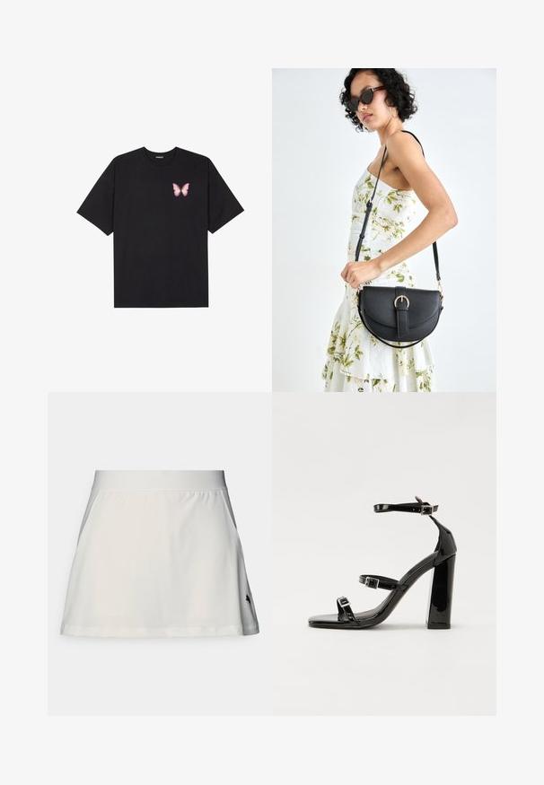 Musta puuvillapaita lyhyillä hihoilla, jossa on pieni vaaleanpunainen perhosgrafiikka vasemmassa rinnassa. Pyöreä kaula-aukko ja rento istuvuus.; Valkoinen urheiluhame, jossa on sileä pinta, leveä joustovyötärö ja pieni musta logo vasemmalla alhaalla. Hameessa on liehuva muotoilu.; Musta kiiltäväpintainen korkokengät, joissa on kaksi solkikiinnitystä, neliönmuotoinen kärki ja paksu korko, sileällä, kiiltävällä pintarakenteella.; Musta nahkainen käsilaukku, joka on kaareva muotoilultaan, irrotettavalla hihnalla ja kultaisilla yksityiskohdilla. Laukussa on läppä, jossa on solk yksityiskohta.