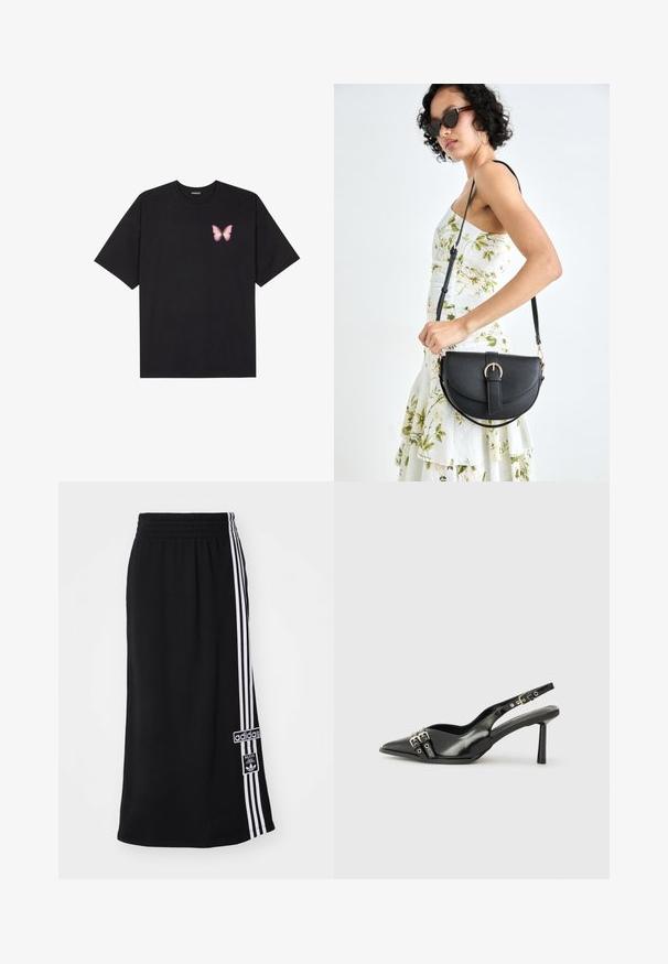 Fekete pamut póló rövid ujjakkal, bal mellkason egy kis rózsaszín pillangó grafikával. Kerek nyakú kialakítás, laza fazonnal.; Fekete sport szoknya, rugalmas derékkal, ami egy oldalán három fehér csíkkal és az Adidas logóval díszített. Simább anyagú textúra.; Fekete lakk bőr, hegyes orrú slingback cipő, boka pántokkal, ezüst csatokkal és hardverelemekkel, valamint karcsú sarkú.; Fekete bőrtáska ívelt formával, levehető pánttal és arany színű fémrészekkel. A táskán egy csattal díszített fedél található.