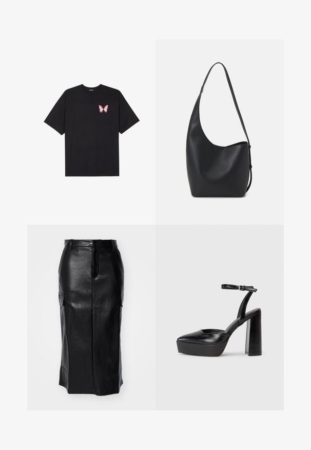 Black cotton t-shirt with short sleeves, featuring a small pink butterfly graphic on the left chest. Crew neck design with a relaxed fit.; Black knee-length leather skirt with front seam, belt loops, and side cargo pockets with flaps on a white background.; Black platform heels with a pointed toe and adjustable ankle strap. Constructed from smooth leather, featuring a chunky block heel.; Black leather hobo bag with a smooth texture, curved shape, and single adjustable strap; features a wide opening at the top.
