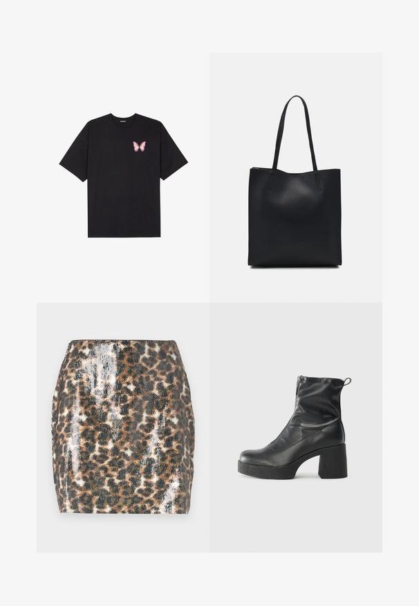 Tricou negru din bumbac cu mâneci scurte, având pe partea stângă a pieptului un mic grafic cu un fluture roz. Design cu guler rotund și croială lejeră.; Fustă mini cu imprimeu leopar, ce prezintă o textură strălucitoare, un design ajustat, culori maro și negru, și un tiv drept.; Bocanci negri de glezna din piele netedă, cu fermoar lateral, toc texturat și masiv, și design cu vârf rotund.; Geantă tote neagră din piele, cu textură netedă, formă rectangulară și două mânere lungi. Fără hardware vizibil sau ornamente.