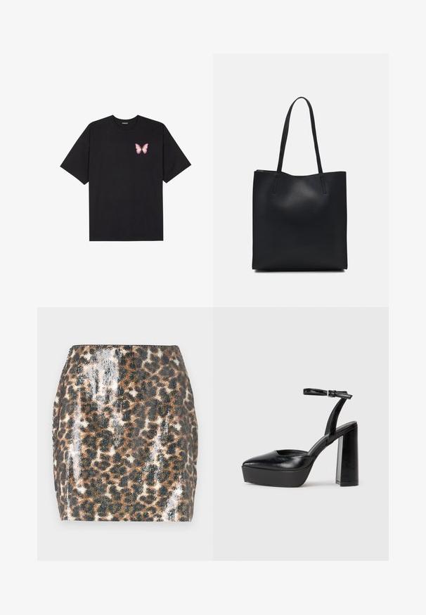 Black cotton t-shirt with short sleeves, featuring a small pink butterfly graphic on the left chest. Crew neck design with a relaxed fit.; Leopard print mini skirt featuring sequined texture, a fitted design, brown and black colors, and a straight hem.; Black platform heels with a pointed toe and adjustable ankle strap. Constructed from smooth leather, featuring a chunky block heel.; Black leather tote bag with smooth texture, rectangular shape, and two long handles. No visible hardware or embellishments.