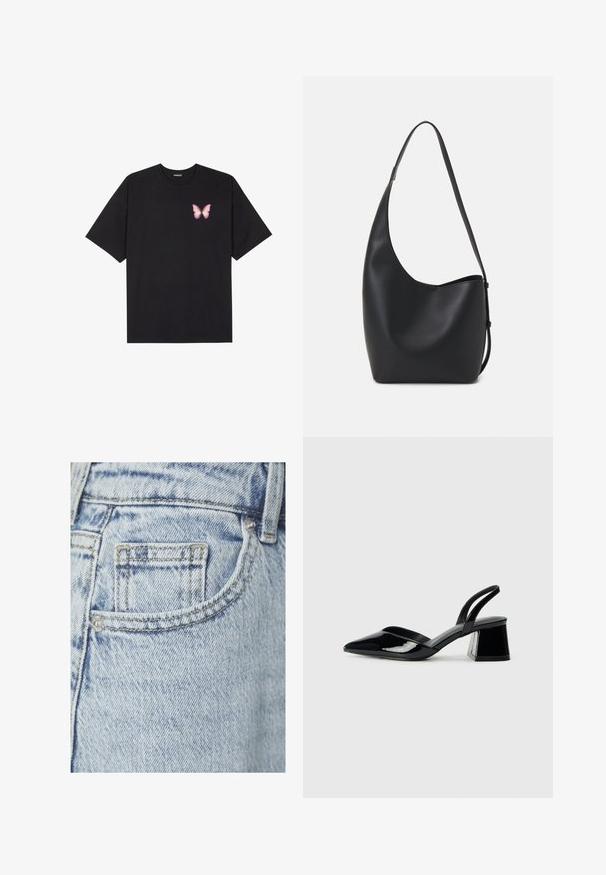 Črna bombažna majica s kratkimi rokavi, ki ima majhen roza metuljček na levi strani prsnega dela. Majica s krožnim ovratnikom in sproščenim krojem.; Svjetloplave traperice s malim stražnjim džepom vidljivim šavovima i metalnom zakovicom, s suptilnom izblijedjelom teksturom.; Črne lakirane slingback pete s koničastim nosom in geometrijsko blokasto peto. Imajo eleganten, minimalističen dizajn in gladko teksturo.; Črna usnjena hobo torba z gladko teksturo, ukrivljeno obliko in eno nastavljivo naramnico; ima širok odprtina na vrhu.