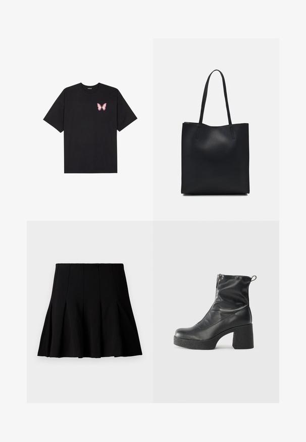 Juodas medvilnės marškinėliai trumpomis rankovėmis, su maža rožine drugelio grafika kairėje krūtinės pusėje. Apvalus kaklo iškirpimas, laisvas kirpimas.; Juoda trumpa klostuota sijonas, pagamintas iš lygios medžiagos. Turi elastingą juosmenį ir plačią siluetą, kuris siekia iki vidurio šlaunies.; Juodos kulkšninių botai, pagaminti iš lygaus odos, su šoniniu užtrauktuku, masyviu tekstūruotu kulnu ir apvaliu pirštu.; Juodas odinis tote krepšys su lygia tekstūra, stačiakampio formos ir dviem ilgais rankenomis. Matomų metalinių detalių ar puošybos nėra.