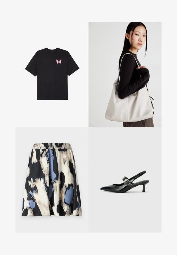 Juodas medvilnės marškinėliai trumpomis rankovėmis, su maža rožine drugelio grafika kairėje krūtinės pusėje. Apvalus kaklo iškirpimas, laisvas kirpimas.; Trumpeta su raukšlėmis ir elastine juosta, su abstrakčiu raštu kremine, juoda ir mėlyna spalvomis, pagaminta iš lygios medžiagos.; Juodai lakuoti slingback aukštakulniai su smailiu kojų pirštu ir mažais blokiniais kulniukais, su sidabro sagtimi ant dirželio.; Bežinė rankinė, pagaminta iš minkštos medžiagos, turinti laisvą dizainą, siuvinėtas detalės ir dvi petnešos. Tinkama kasdieniam naudojimui.