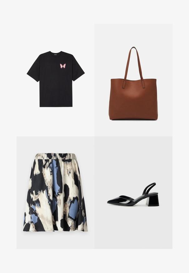 Črna bombažna majica s kratkimi rokavi, ki ima majhen roza metuljček na levi strani prsnega dela. Majica s krožnim ovratnikom in sproščenim krojem.; Kratka nabranih krila z elastiko v pasu, ki ima abstraktni vzorec v smetanastih, črnih in modrih odtenkih, izdelana iz gladkega blaga.; Črne lakirane slingback pete s koničastim nosom in geometrijsko blokasto peto. Imajo eleganten, minimalističen dizajn in gladko teksturo.; Rjava usnjena torba z gladko teksturo, odprto zasnovo zgoraj in dvema naramnima trakovoma. Opremljena je z minimalnim šivanjem in brez vidnih kovinskih delov.