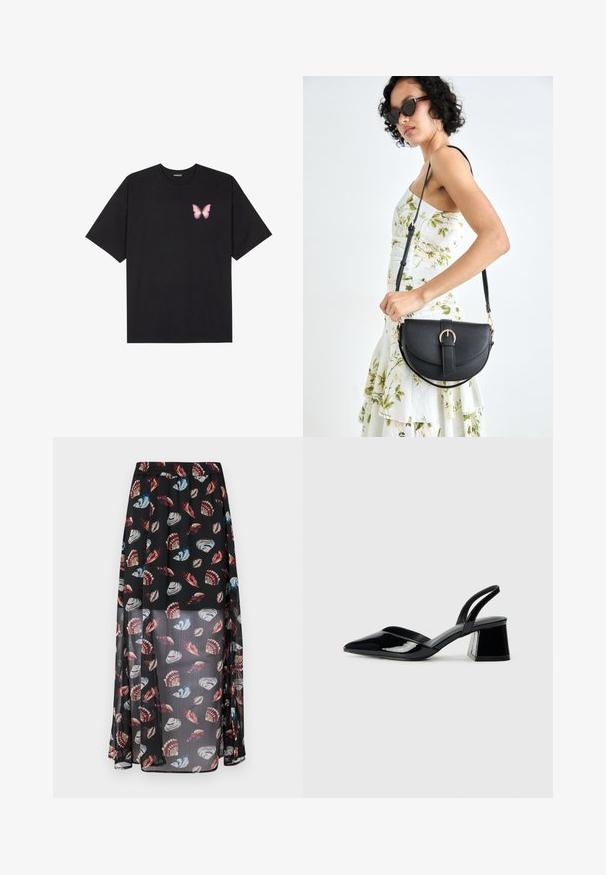 Čierne bavlnené tričko s krátkymi rukávmi, s malým ružovým motýlikom na ľavej hrudi. Design s okrúhlym výstrihom a uvoľneným strihom.; Čierna, priehľadná maxi sukňa s elastickým pásom, na ktorej sa nachádza multikolórová potlač s mušľami a motýlmi. Ľahký, vzdušný materiál.; Čierne lakované kožené sandálové podpätky s špicatou špičkou a geometrickým blokovým podpätkom. Disponujú elegantným, minimalistickým dizajnom a hladkým povrchom.; Čierna kožená kabelka s zaobleným tvarom, odnímateľným popruhom a zlatými doplnkami. Kabelka má klopu s detailom s prackou.