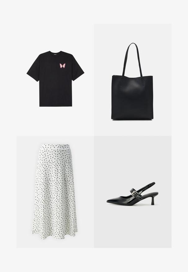 Sort bomulds T-shirt med korte ærmer, prydet med en lille pink sommerfugl grafik på venstre bryst. Rund hals design med en afslappet pasform.; Hvid midi nederdel med sorte prikker, der har et struktureret stof og en flagrende silhuet, afsluttet med en diskret talje.; Sorte laker slingback hæle med spids tå og en lille blokhæl, med en sølvspændeaccent på remmen.; Sort læder tote taske med glat tekstur, rektangulær form og to lange hanke. Ingen synlig hardware eller udsmykninger.