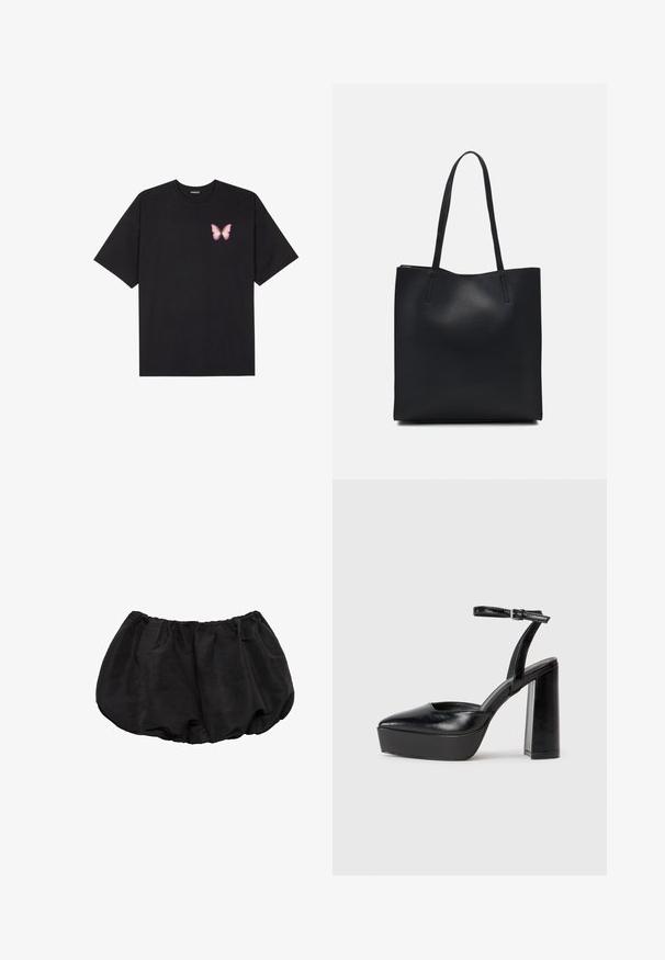 Zwarte katoenen t-shirt met korte mouwen, voorzien van een kleine roze vlinder graphic op de linkerkant van de borst. Crew neck ontwerp met een relaxte fit.; Zwarte katoenen bloomer shorts met een elastische tailleband, uitgerust met een losse, geraffineerde ontwerp en minimale stikseldetails.; Zwarte plateauhakken met een puntige neus en verstelbare enkelband. Gemaakt van soepel leer, met een robuuste blokhak.; Zwarte leren handtas met een gladde textuur, rechthoekige vorm en twee lange handvaten. Geen zichtbare hardware of versieringen.