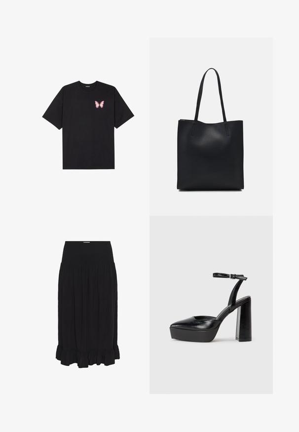 Black cotton t-shirt with short sleeves, featuring a small pink butterfly graphic on the left chest. Crew neck design with a relaxed fit.; Black midi skirt with a smocked waistband, made of lightweight fabric, featuring pleats and a ruffled hem for added detail.; Black platform heels with a pointed toe and adjustable ankle strap. Constructed from smooth leather, featuring a chunky block heel.; Black leather tote bag with smooth texture, rectangular shape, and two long handles. No visible hardware or embellishments.